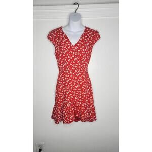J Crew Mercantile Dress Womens 2 Red Floral Wrap Short Sleeve Mini Ruffle Hem